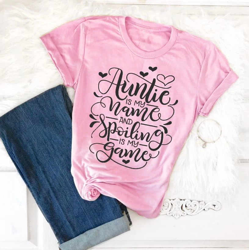 Женская футболка с рисунком в виде сердца надписью Auntie is my name and spoiling|Футболки| |