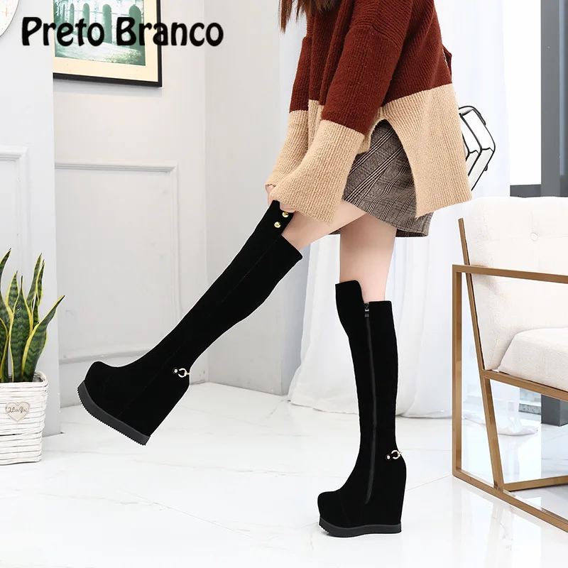 

PRETO BRANCO Slope Heel Over Knee Boots Female Winter New Slim Super Long Plus Velvet Thick Bottom High Tube Cotton Boots ZYW