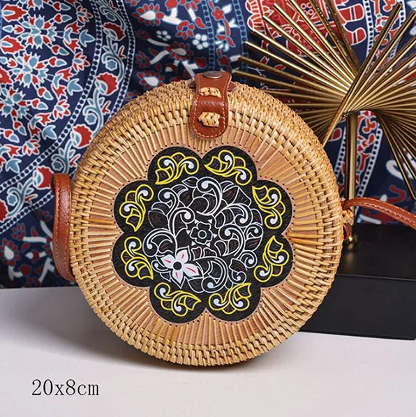 flower P 20X8cm Солнечный пляж, ручные тканые сумки, круглая сумка с пряжкой, Ротанговые соломенные сумки, ранец, богемная пляжная круглая сумка - Цвет: flower P 20X8cm