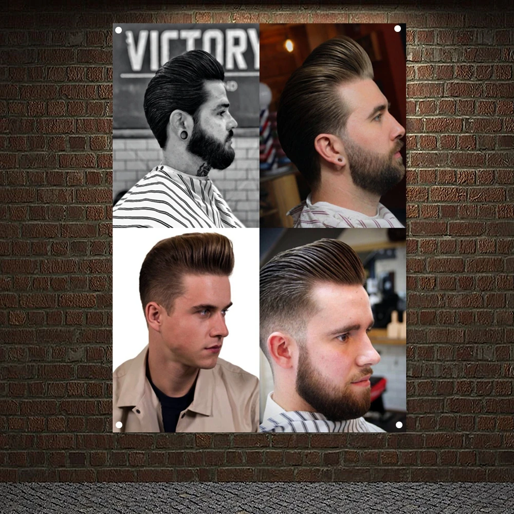 

Men Striped Short Hairstyle Banner Flag Wall Art Elegant Haircuts for Men Posters Sculpt Hair Wallpaper Mural Barber Shop Decor