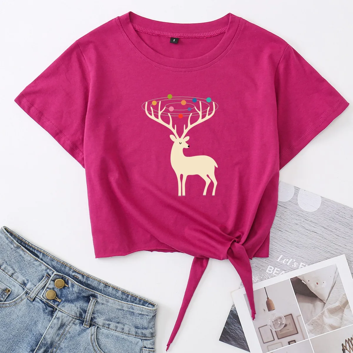 

Deer Animal Farm Crop Top Women's T-shirt Summer Casual Short Sleeve Print Cotton Cropped Tops Graphic Tee with Front Knot