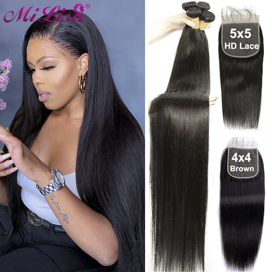 

30 Inch Bundles with Closure Bone Straight Bundles with Closure Brazilian Human Hair Bundle and a HD 5x5 Closure With Bundles