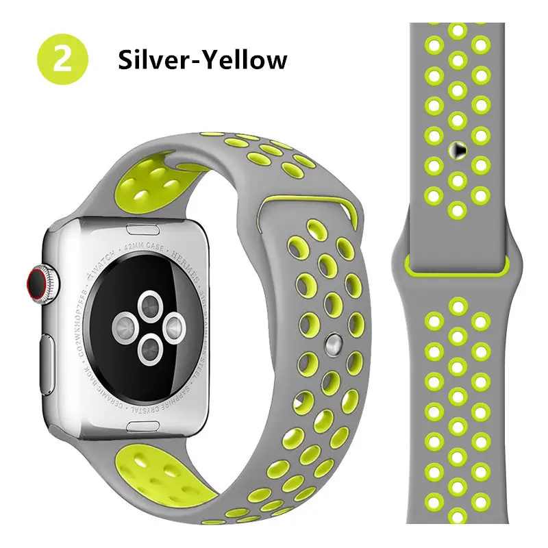 silver yellow 2 Ремешок для apple watch band 44 мм 40 мм apple watch 5 4 3 2 iwatch band 42 мм 38 мм спортивный силиконовый браслет correa аксессуары для часов - Цвет ремешка: silver yellow 2
