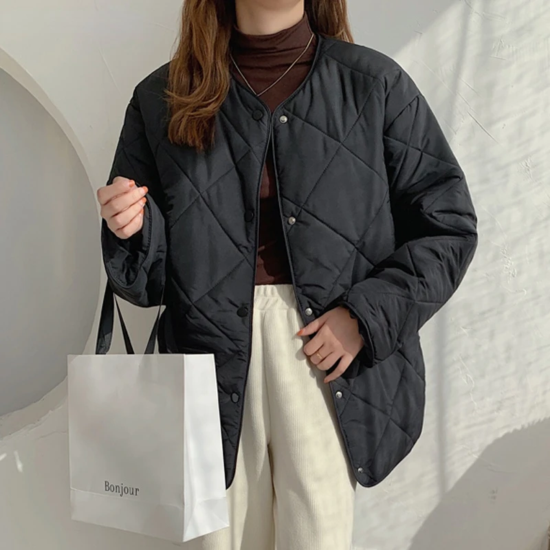 Korean Version Loose and Thin Round Neck Diamond Lattice Cotton-padded Jacket Simple Cotton-padded Jacket Women 2022 Winter New