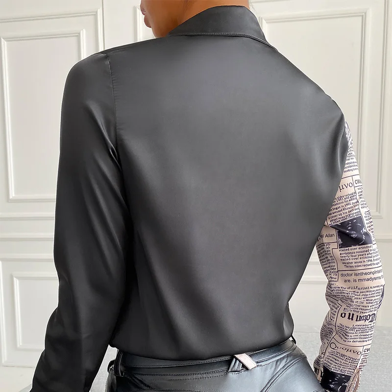 

Fashion Retro Print Stitching Bottoming Shirt Women Letter long Sleeved Office Lady Shirts Summer Casual Elegant Top Female