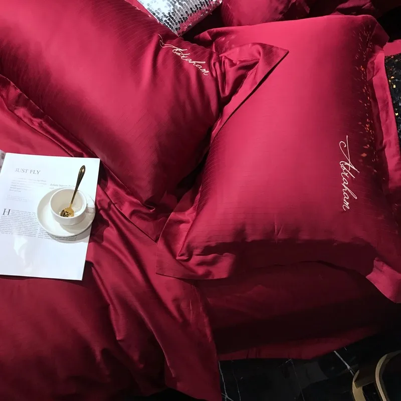 

Egyptian Cotton Down Duvet Cover Wine Red Blue Gold Bed Sheet Queen King Size 4Pcs Embroidery Chic Bedding Set Comforter Cover