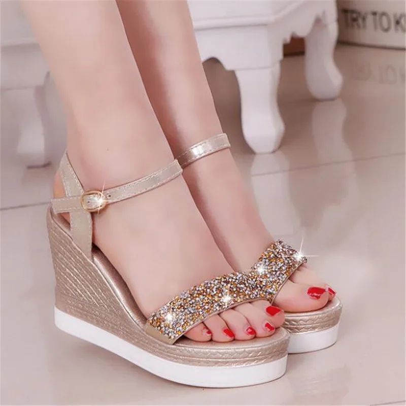 

Summer women's sandals sponge cake thick-soled wedge sandals women fashion fish mouth sequin rhinestone sandals women shoes