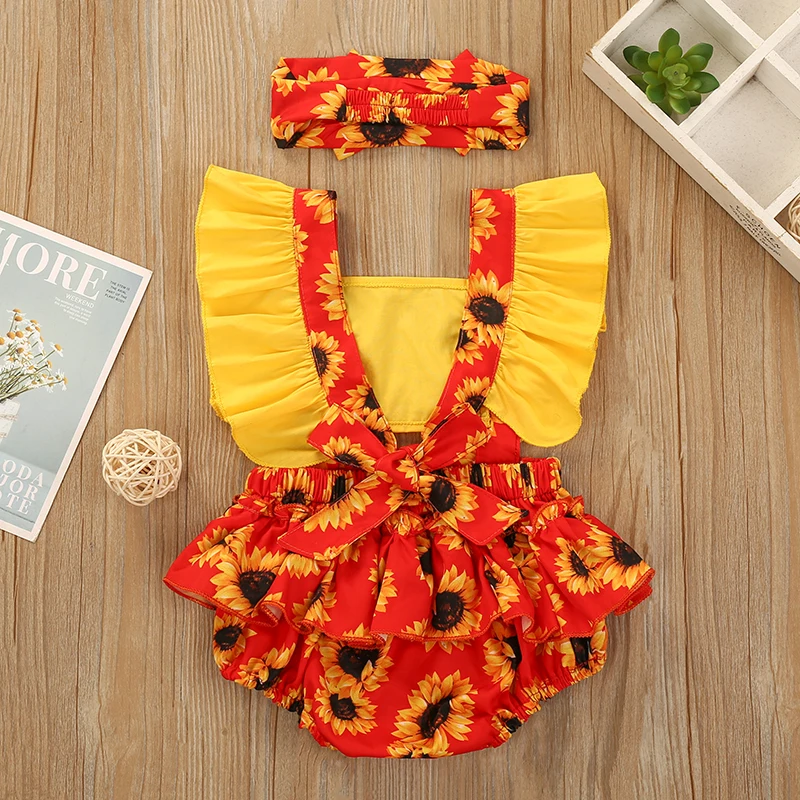 Одежда для новорожденных девочек принтом в виде цветов подсолнуха Детский