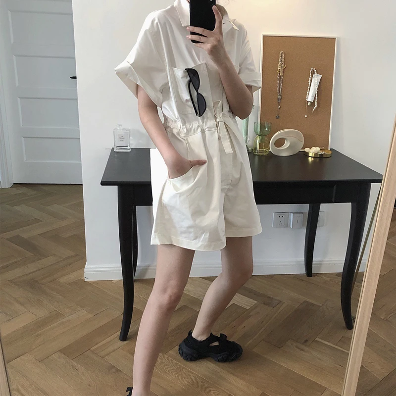 

Summer women's jumpsuit casual solid color lapel short-sleeved pocket decorative wide-leg shorts jumpsuit
