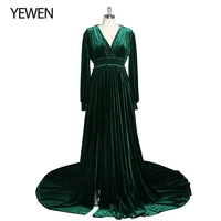 green velvet formal dress long sleeves v neck stretch waist side slit photo shoot dress maternity gowns yewen