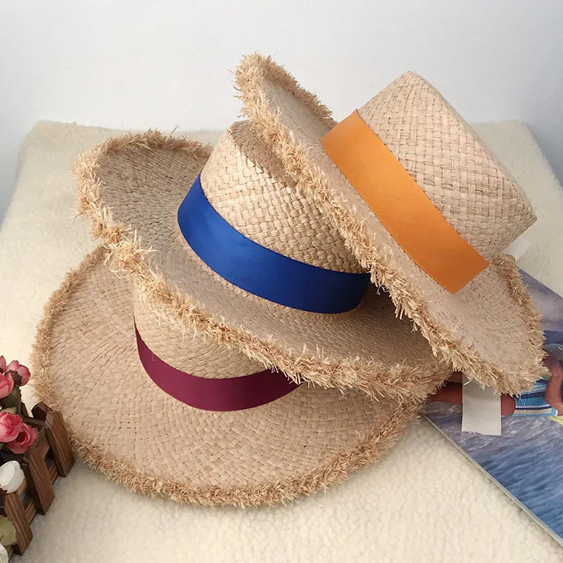 

Sun Hat For Women Flat Top Big Brim Panama Beach Hat Femal Summer Cap With Ribbon Double Raffia Shade Summer Cap Fashion Chapeau