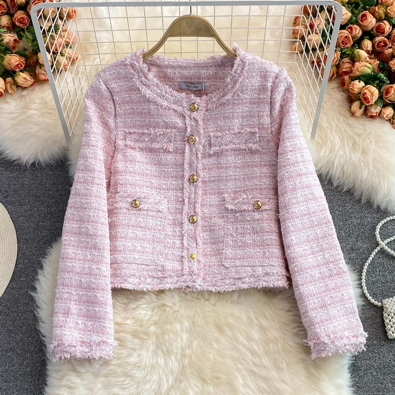 

Autumn Winter French Vintage Tweed Jacket Coat Women Korean Fashion Streetwear Slim Short Coats Small Fragrance Outwear Crop Top
