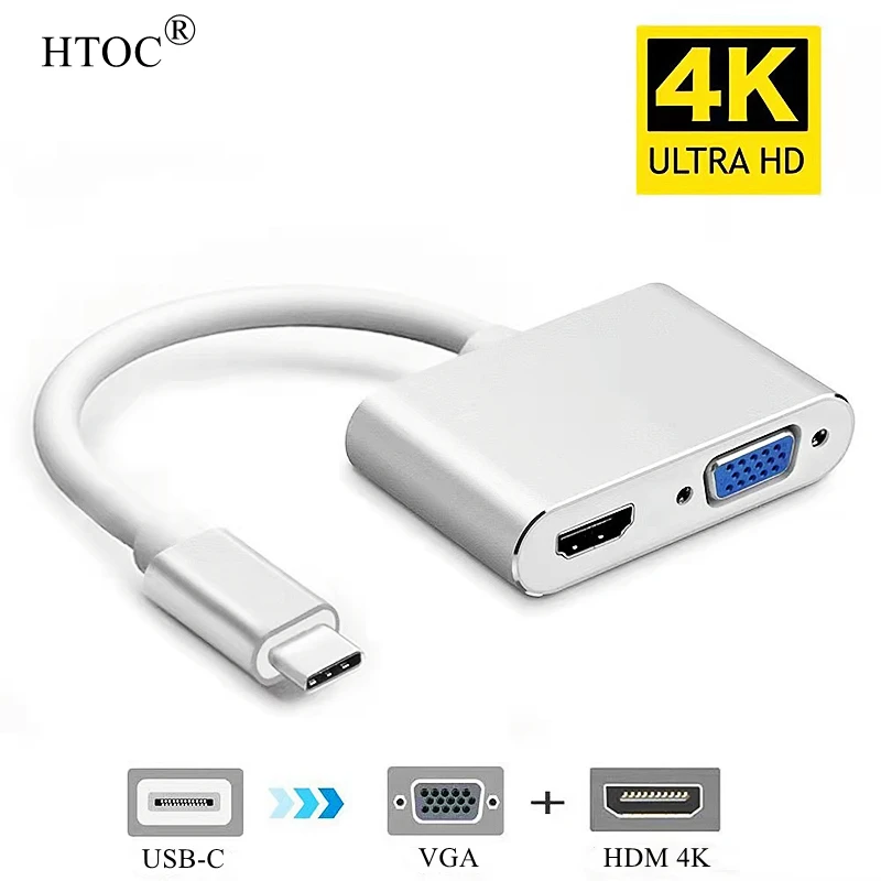 

HTOC USB C to VGA HDMI Adapter Type-C Compatible Monitor Projector MacBook Pro Chromebook Dell XPS 13/15 Samsung S8/S9 And More