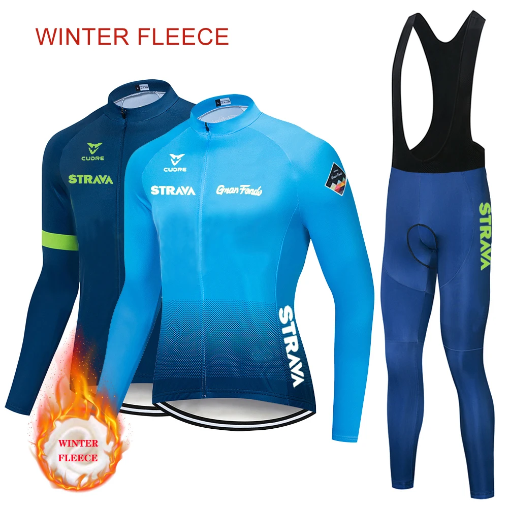 

STRAVA New Team Winter Thermal Fleece Cycling Clothes Men Long Sleeve Jersey Suit Outdoor Riding Bike MTB Clothing Bib Pants Set