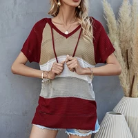 hollow out v neck bandage short sleeve contrast color knitting t shirt women casual loose streetwear plus size split fork tops