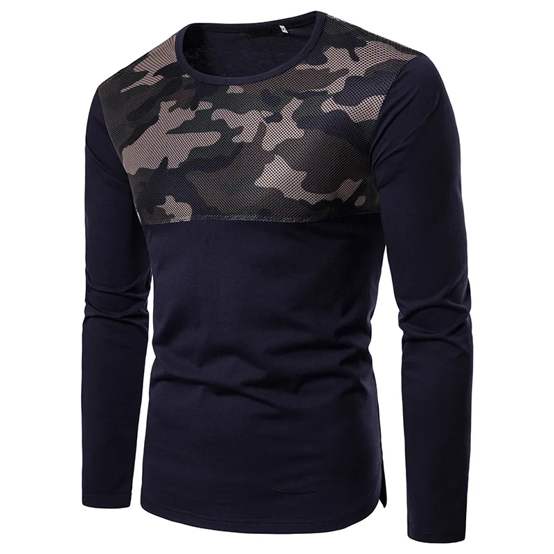 

Men's T-Shirts Camouflage Mesh Stitching Pullover Casual Round Neck Long Sleeve Patchwork Slim Type Tops