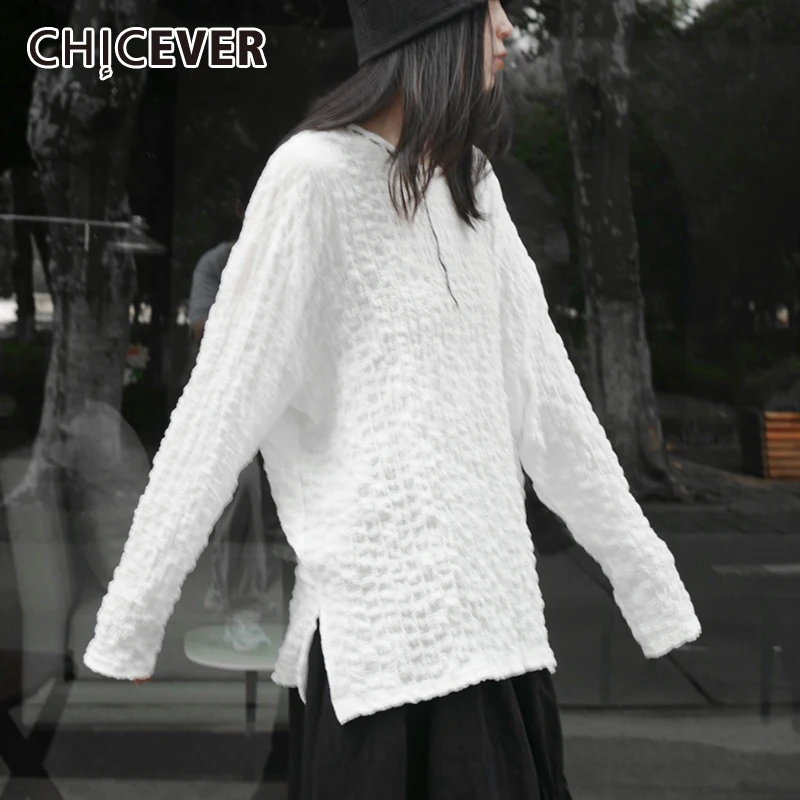 

CHICEVER Loose Straight T Shirt For Women Round Collar Long Sleeve Loose Solid Minimalist T Shirts Female Korean Fashion Clothes