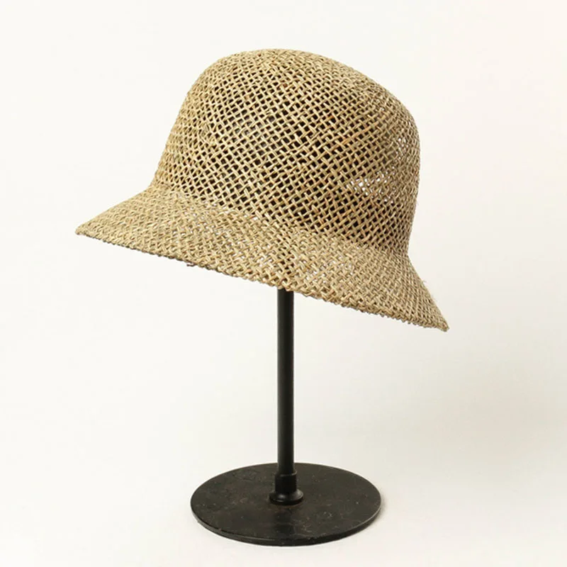 

New Dome Bell-shaped Seaweed Straw Hats Outdoor Travel Sun Shade beach Hat Summer Holiday Fisherman Bucket Hat Wholeasle