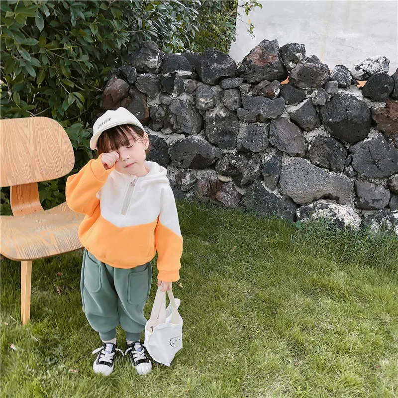 2019 Autumn and Winter New Arrival Korean style matching colors thickened hooded fashion hoodie for cool baby girls boys | Детская