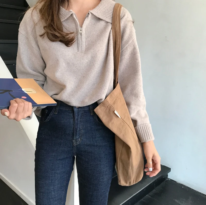 

2020 New Autumn Winter Women Sweaters Turn-down Collar Pullovers Zipper Knitted Korean Elegant Wild Lady Tops Aesthetic Sweater