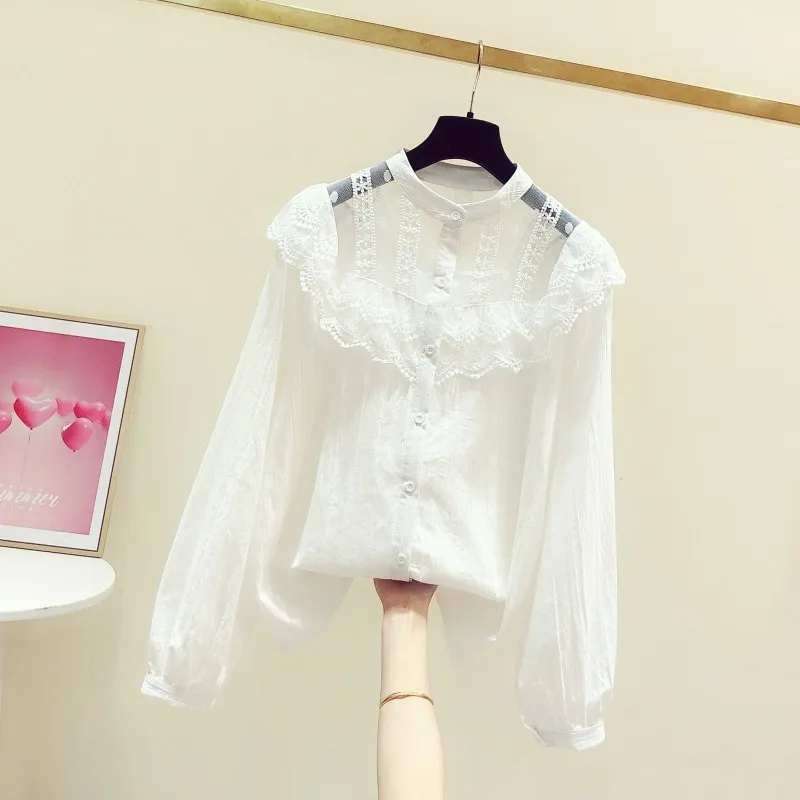 Новинка Весна 2020 кружевная блузка с оборками и круглым вырезом сетчатая рубашка