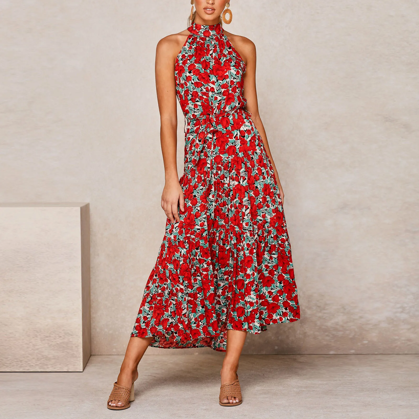 

Summer Girls Fashion Polyester Exquisitely Printed Pleated Halter Sleeveless Strapless Sexy Backless Dress F4