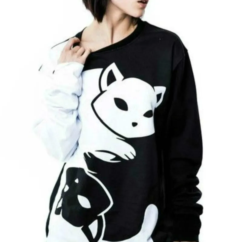 

Black and White Women's Hoodie Long Sleeve Yin Yang Cat Kitty Print Pullover Couples Sweatshirts Soft Comfy Tracksuit Loose Tops