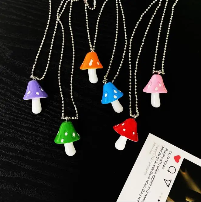 

Cartoon Color Mushroom Funny Necklace Bead Chain Necklace Personality Cute Resin Pendant Girl Daily Charm Jewelry Gift чокер