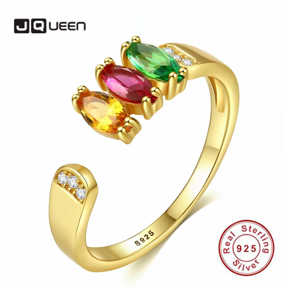 

JQUEEN 925 Sterling Silver Women Open Rings Red Yellow Green Three Colors Cubic Zirconia Geometric Crystal Resizable Bridal Ring