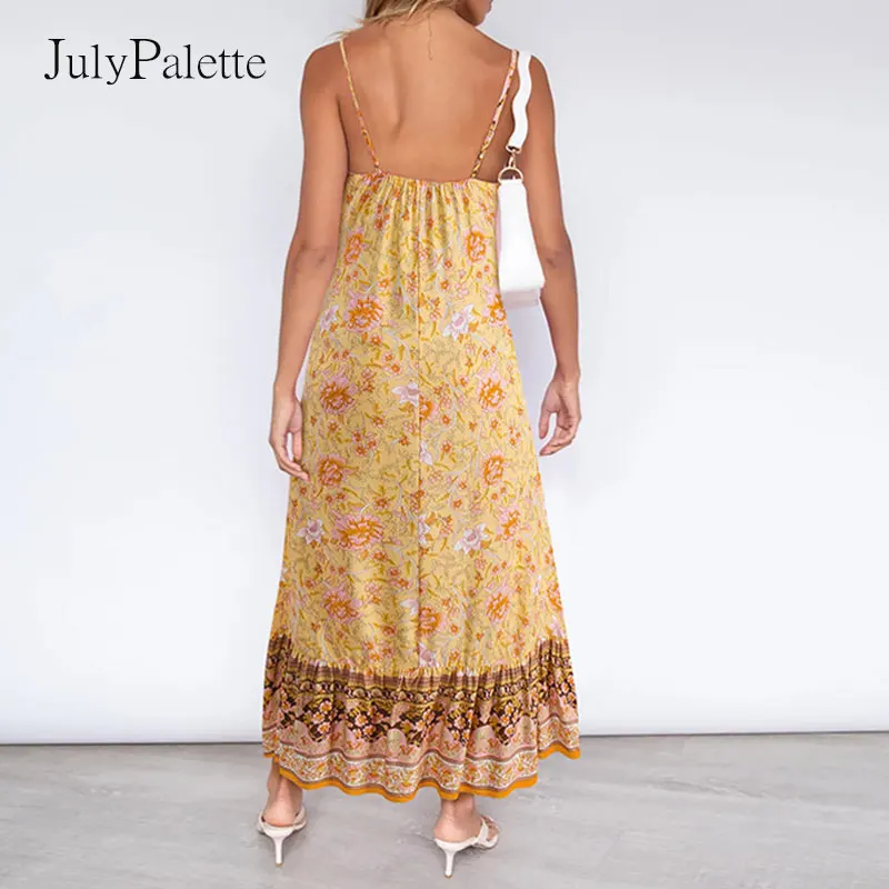 

Julypalette 2021 Summer Floral Printed Woman Dress Bohemian V-neck Spaghettistrap Beach Sundress Sexy Backless Female Dresses
