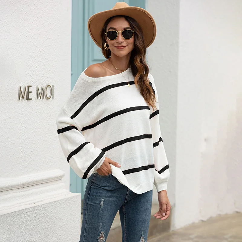 

Striped Oversized Women's Knitwear Sweater Vestido De Mujer Lantern Sleeve Casual Women's Sweaters Top Blouse Female Pull Femme