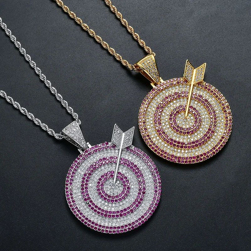 

Hip Hop AAA Cubic Zirconia Paved Bling Iced Out Darts Target Round Pendants Necklace for Men Rapper Jewelry Gold Silver Color