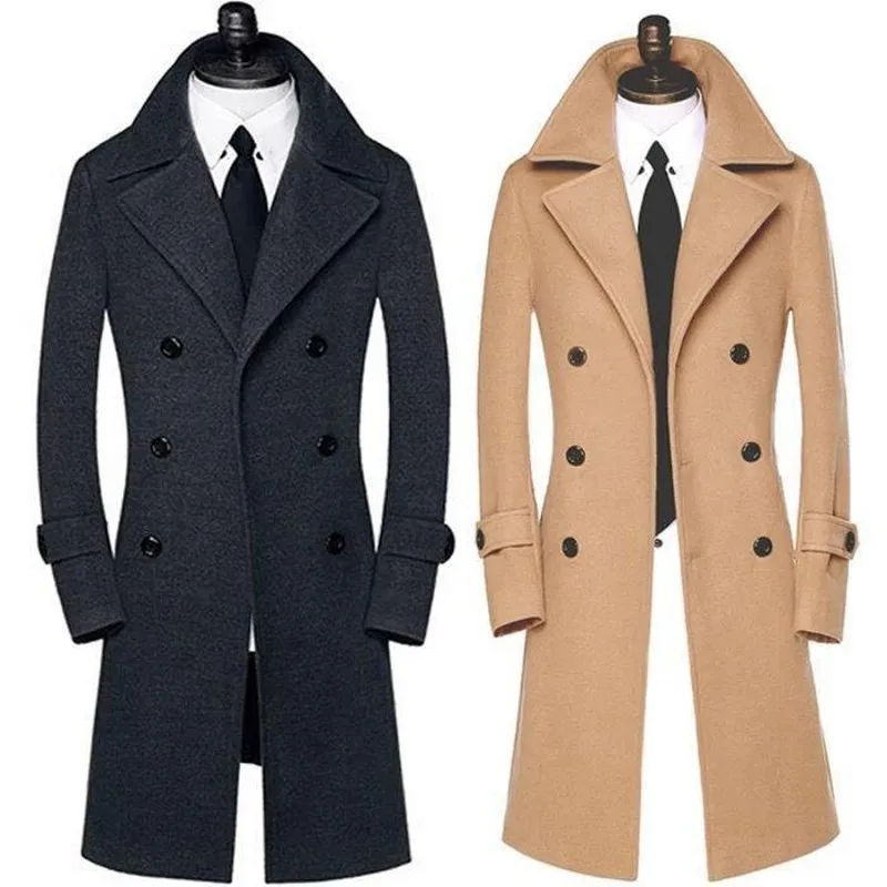 

Модное пальто, мужское шерстяное пальто, зимнее теплое однотонное длинное пальто, двубортное деловое повседневное пальто, мужское шерстяно...