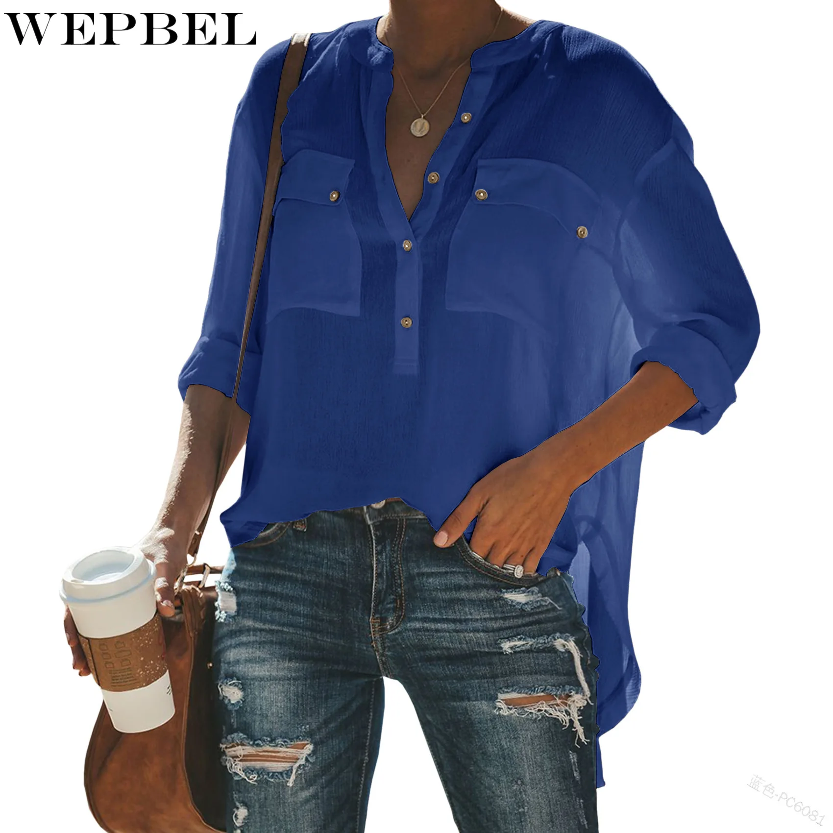

WEPBEL Shirt Women's Casual Solid Color Pocket Single Breasted Loose Shirt Summer Fashion Long Sleeve V-neck Pullover Shirt
