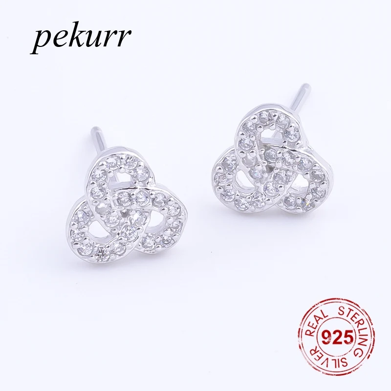 Pekurr 925 пробы серебряные полые циркон 3 счастливый лист цветок серьги-гвоздики для