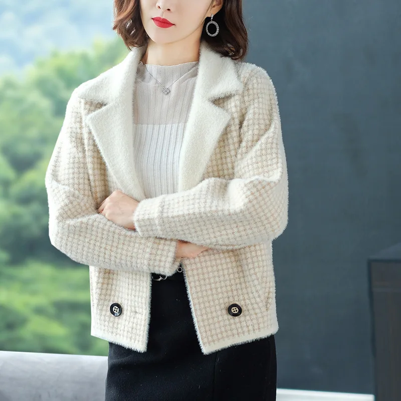 

Imitation Mink Cashmere Knit Cardigan Sweater Coat Women 2019 New Autumn Winter Loose Plaid Knit Coat Short Female Tops 0902-108