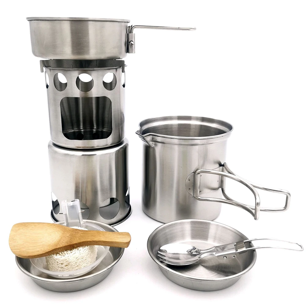 

All Kind of Camping Picnic Tableware Cookware Set Stainless Steel Outdoor Pots Wood Stove Bowls Spoon Travel Hiking Utensils New