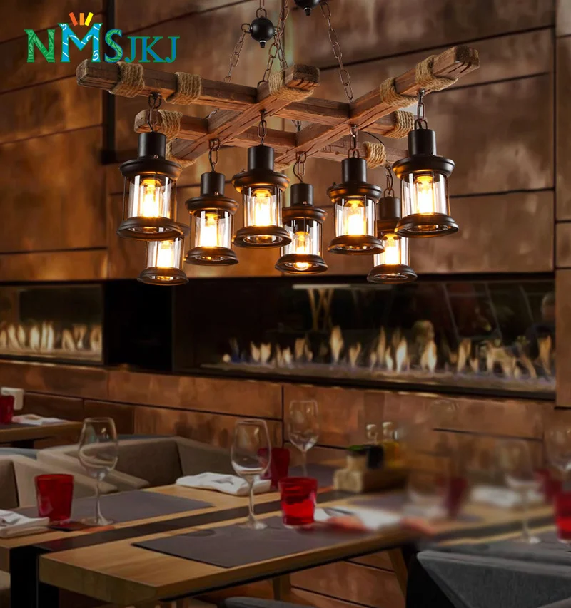 Промышленная антикварная деревянная 8 лампа ретро люстра для бара кафе Вилла