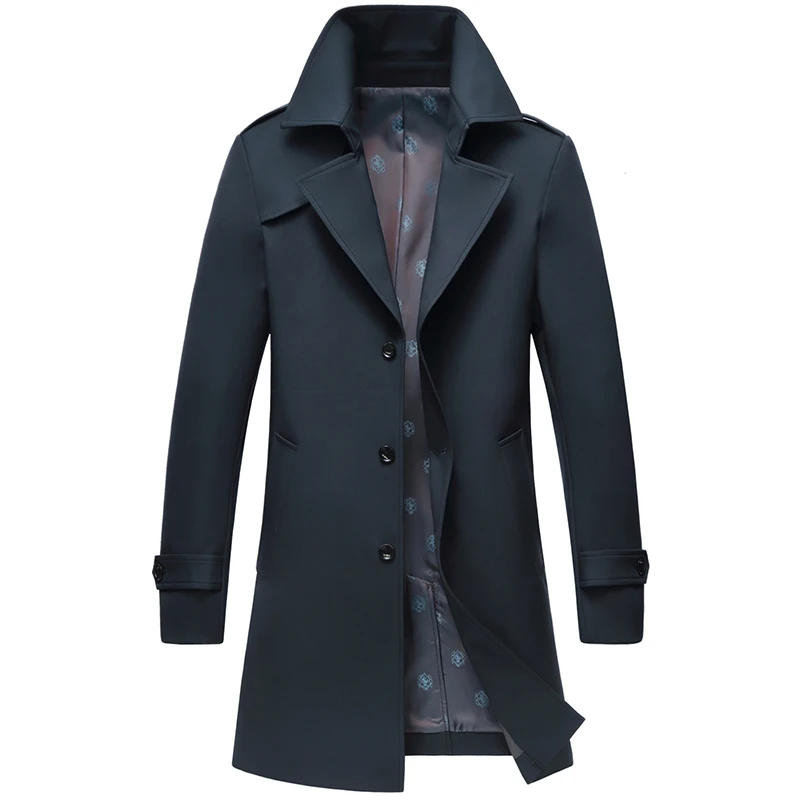 Тренч облегающий длинный мужской повседневное пальто с отложным воротником