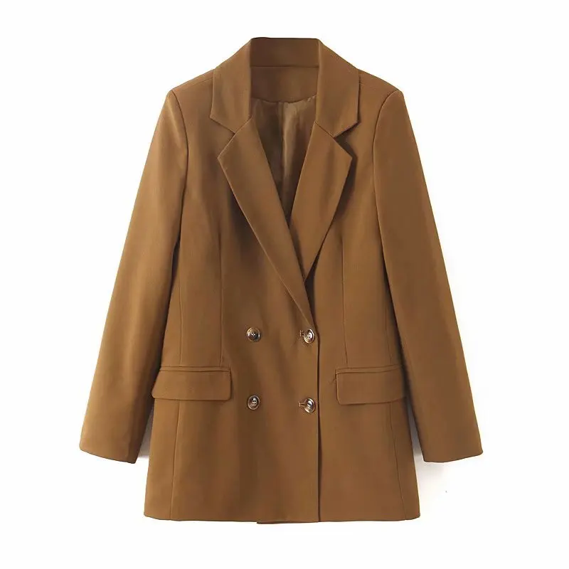 Женский двубортный пиджак с карманами Офисная верхняя одежда верблюжьего цвета