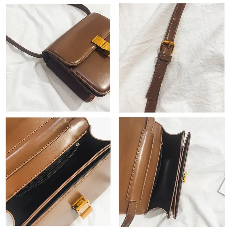 

Vintage Metal Buckle Women Shoulder Bag Small Solid Color Square Crossbody Bags For Women Oil Pu Letaher Handbag Women's Bag New