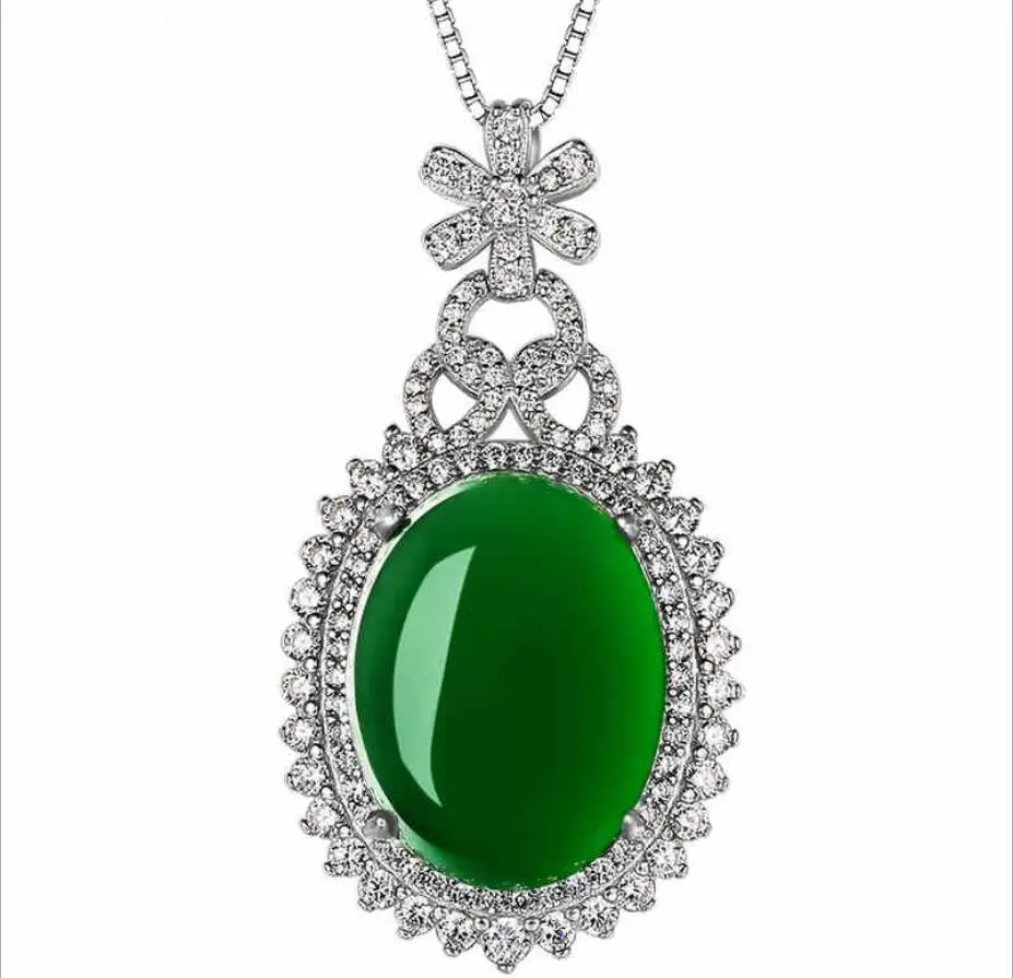 

Oval Shape Rhinestone Green 14*28MM Pendant With 18'' Silver Color Necklace Classic Style For Fashion Lady N0373