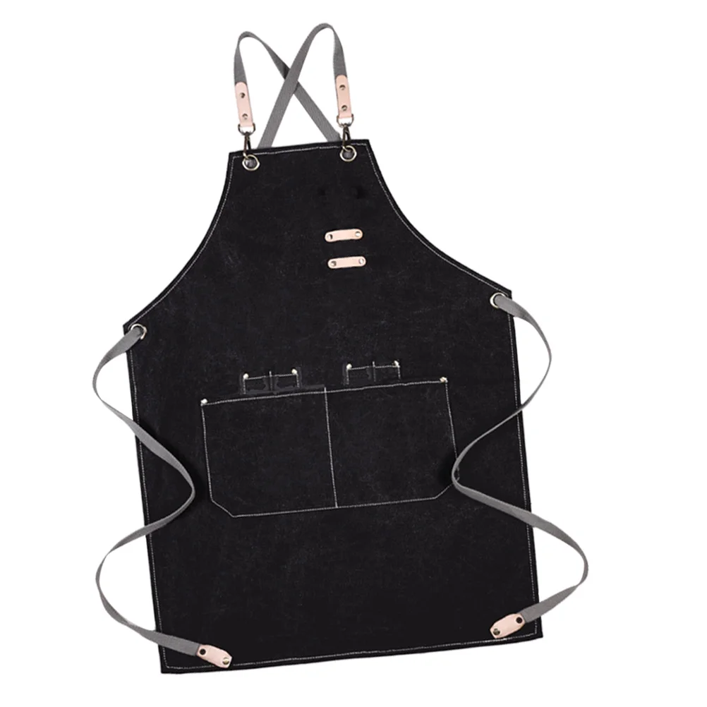 

Barista Canvas Apron Halter Adjustable Serving Aprons with Pockets for Restaurant Cafe Barbecue (Black)