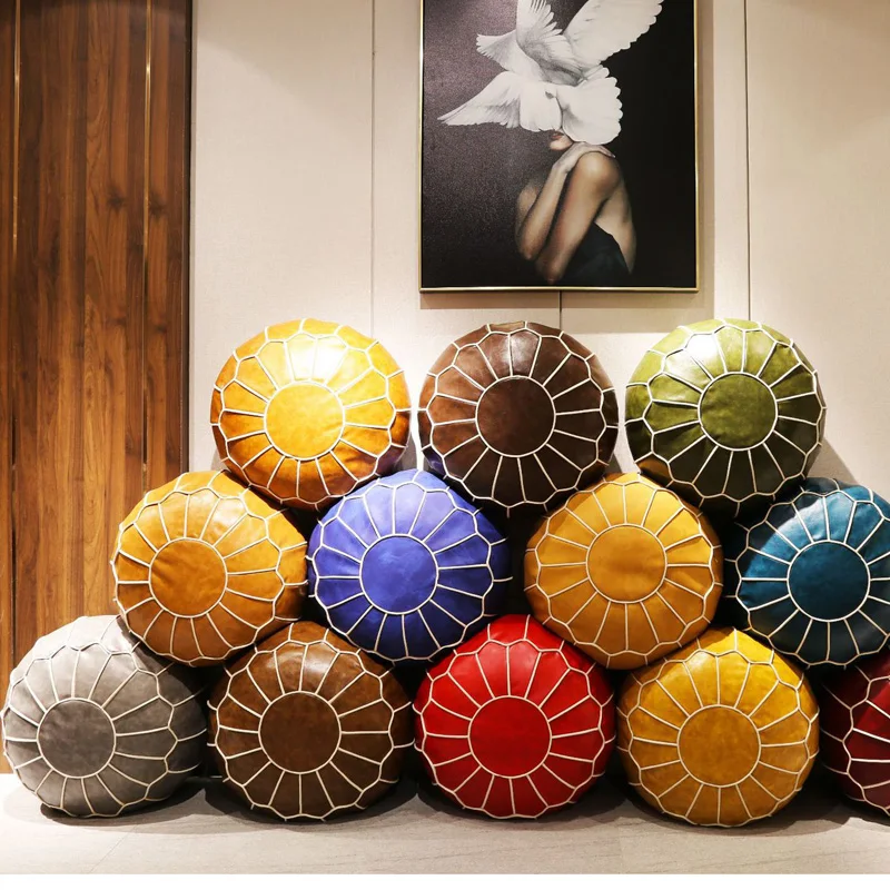 

Moroccan PU Leather Pouf Embroider Craft Ottoman Footstool Round Home Modern Artificial Leather Unstuffed Cushion