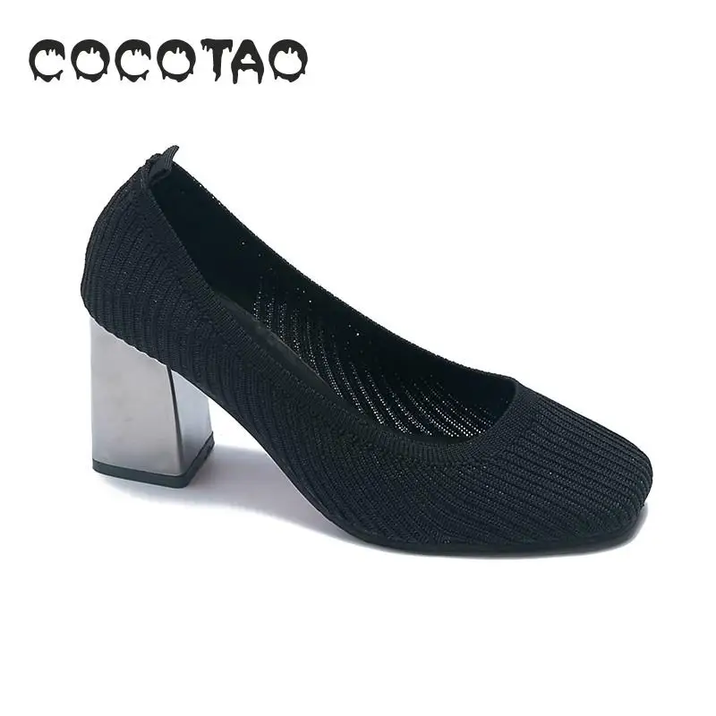 Женские туфли на толстом каблуке дышащие плетеные с квадратным каблуком Модель 38