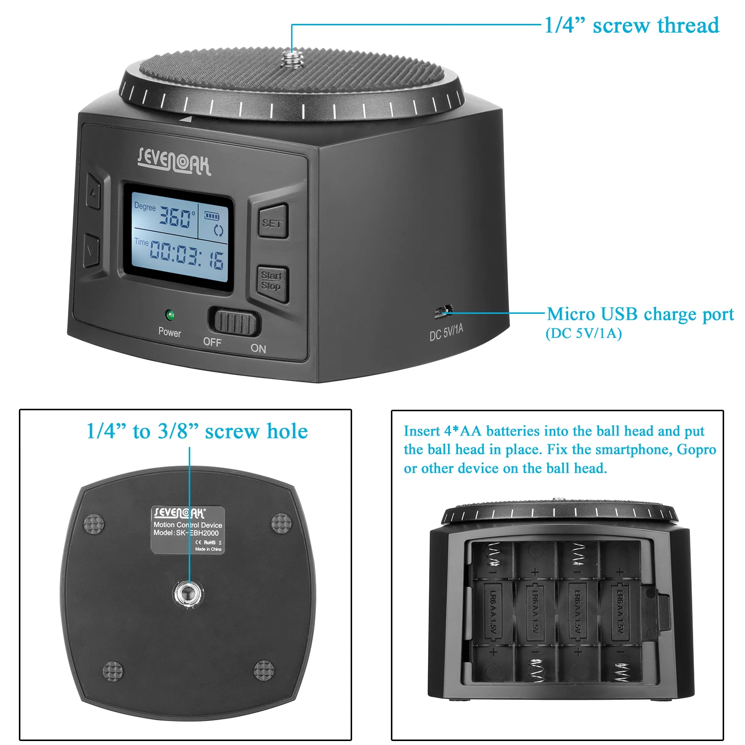 Портативная фотокамера Sevenoak SK-EBH2000 для смартфонов GoPro экшн-камер DSLRs панорамная