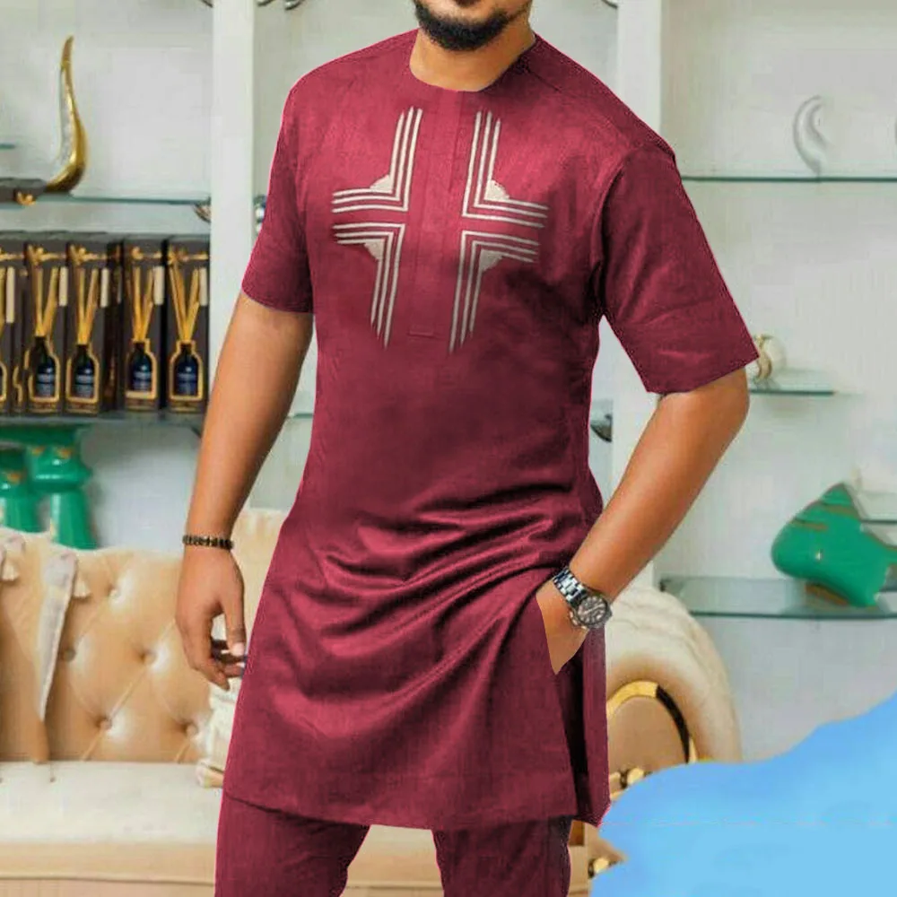 

Men's Summer Shirt Short Sleeve Burgundy Slit Mid-Length Traditional African Clothing Geometric Print African Dashiki Clothes
