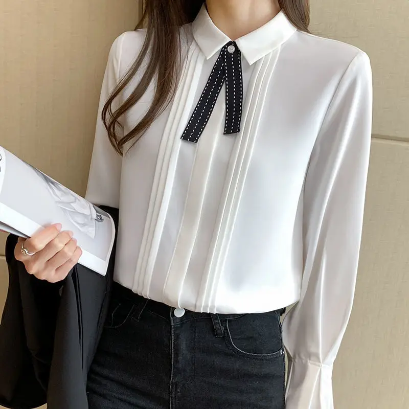 

White Blouse Fashionable Long Sleeve Elegant Shirts Loose Thin Korean version Lace Chiffon Folds Solid Color Blusas TopsDM0087
