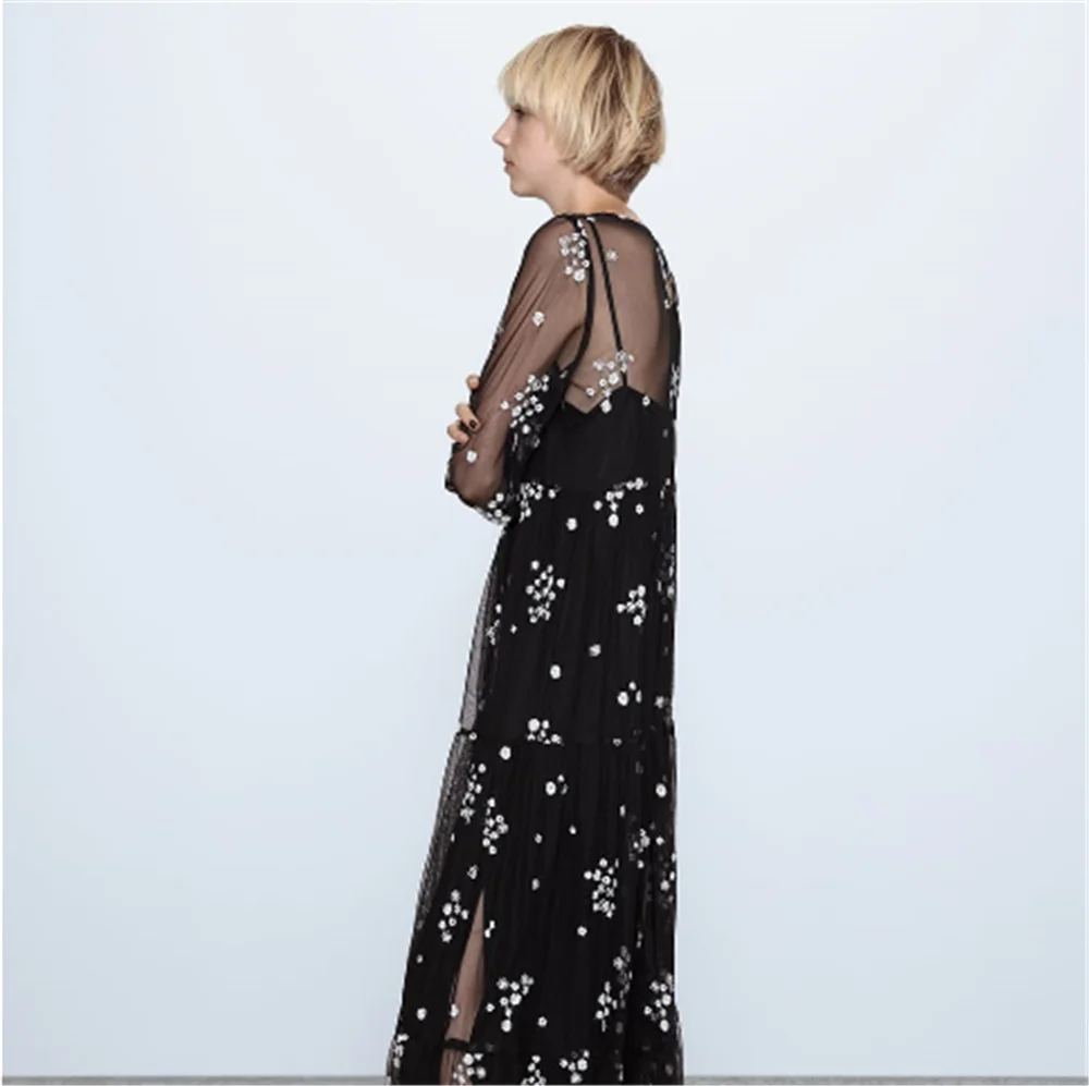 2020 ZA Модное Новое Женское платье весеннее цветочное вышитое Тюлевое Платье Бохо