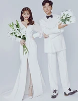 2021 korea style v neck long sleeve chiffon beach split sexy simple plain sheath wedding dress bride gown vestidos de novia